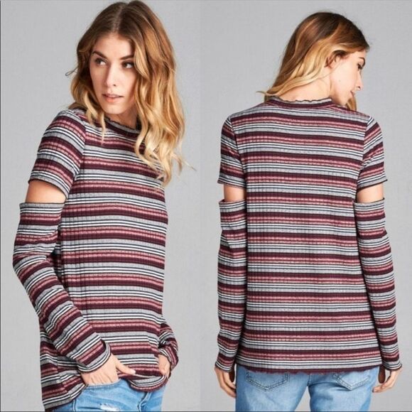 MULTI-COLORED KNIT SWEATER WINE RED TOP - Picture 2 of 8